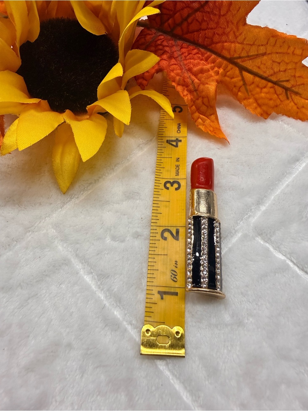 Gold-Tone Black Enamel & Red Lipstick Brooch with Rhinestones